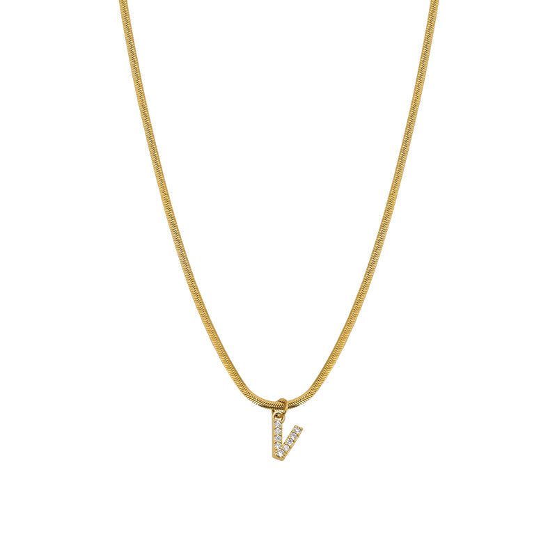 Wholesale French Retro Palace Style Flat Snake Bone Stacking Diamond 26 Letter Titanium Steel Clavicle Chain Necklace